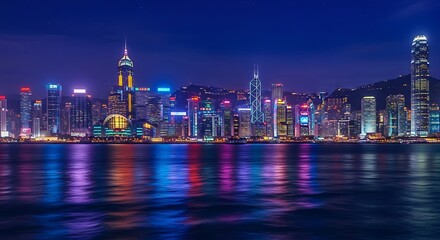 Obraz premium Vibrant cityscape of Hong Kong at night, with colorful reflections on the water.