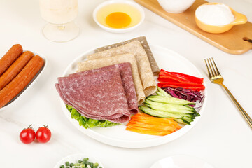 Gluten Free Wheat Wrap with Salami and Fresh Vegetables Healthy Breakfast Burrito Ingredients