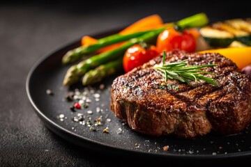 Grilled beef steak with rosemary and vegetables served on a black plate, creating a delicious and healthy meal