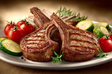Rosemary seasoned lamb chops grilling alongside charred zucchini and tomatoes on pristine ceramic plate