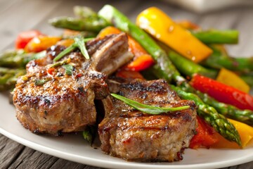 Grilled lamb chops resting on roasted asparagus and bell peppers, garnished with fresh rosemary, presenting gourmet dining experience