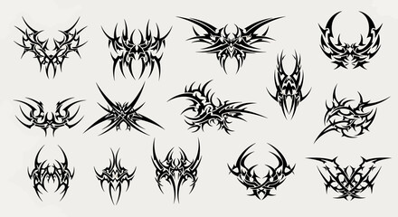 Collection of abstract tribal tattoo designs and graphic elements, , featuring sharp lines and intricate patterns for body art and design inspiration
