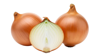 Fototapeta premium Isolated golden onions ready to slice for recipes, sauces, soups, and cooking needs.