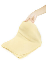 Hand Holding Fresh Handmade Tofu Skin Sheets Traditional Food Production Demonstration