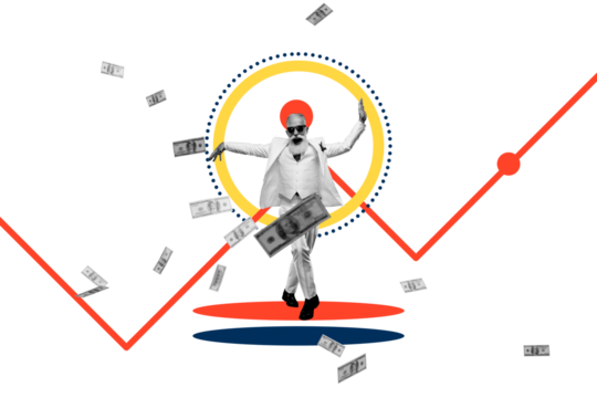 Composite trend artwork sketch image photo collage of huge stats line trader business success rich earnings banknote aged man dance walk