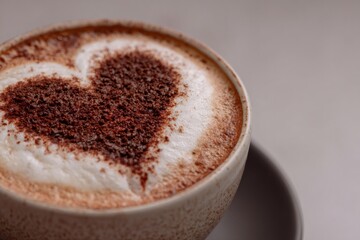 Creamy cappuccino decorated with heart shaped cocoa powder offers a warm and inviting beverage experience