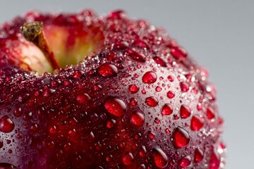 Glistening water droplets clinging to vibrant red apple surface, highlighting crisp freshness and natural sheen