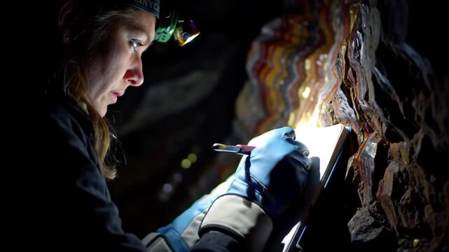 Geologist Investigating Geological Formations Deep Inside a Cave System for Scientific Research