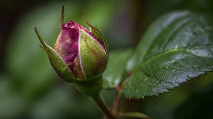 Close-Up Shot of a Rosebud with Vibrant Purple and Green Colors