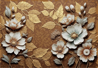 Elegant Magnolia Floral Wallpaper with Golden Leaves © yayan