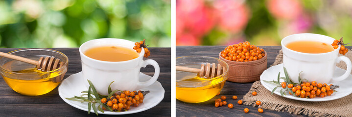 Tea of sea-buckthorn berries with honey on wooden table blurred garden background