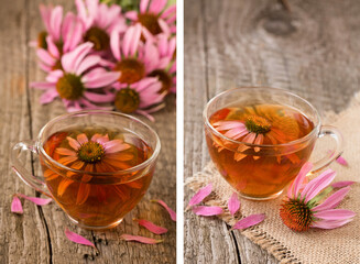 Cup of echinacea tea on old wooden table