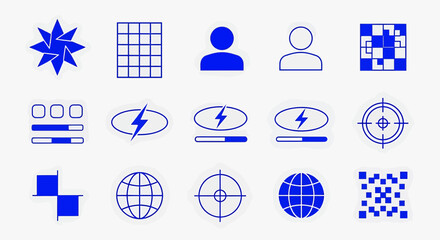 A collection of abstract geometric icons and symbols in blue on a, including a starburst, grid, user profiles, target, globe, and progress bars