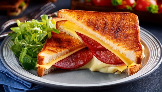 turkish tost toast sandwich with melted cheese and sucuk served with salad