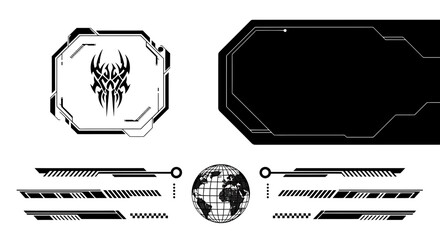 Futuristic hud elements and tribal tattoo design, featuring a globe, abstract shapes, and digital interface elements for technology and gaming concepts