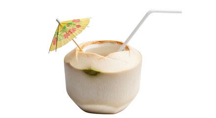 Isolated young coconut with straw and paper umbrella, refreshing exotic tropical drink