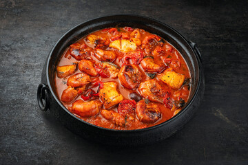 Traditional artisan homemade gambas prawn und fish stew romesco de peix served as close-up in a cast-iron skillet