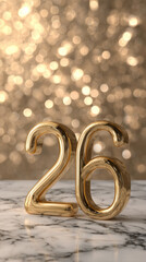 26 number on table with sparkling gold bokeh wall, New Year golden background.