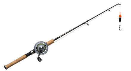 Isolated fishing rod with reel, line, hook, and bobber on the end, ready to use © Johanna