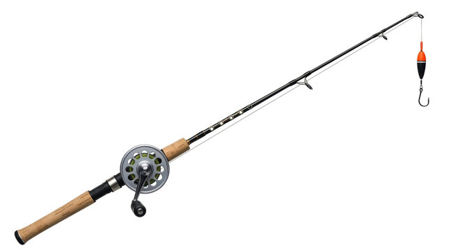 Isolated fishing rod with reel, line, hook, and bobber on the end, ready to use