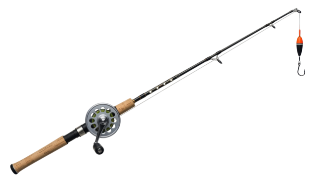 Isolated fishing rod with reel, line, hook, and bobber on the end, ready to use