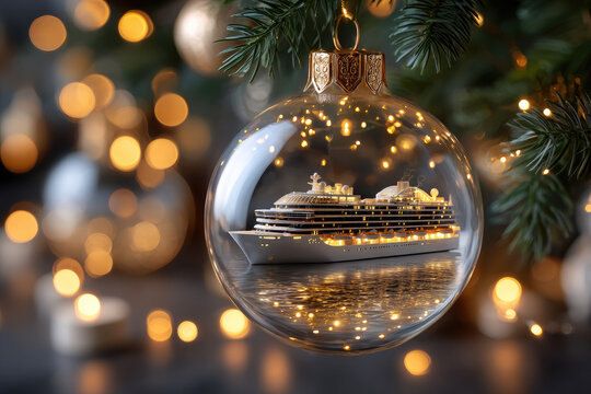 Glass Christmas ornament mirroring cruise vessel resting on wooden surface, blurred holiday lights and festive tree creating nautical seasonal atmosphere