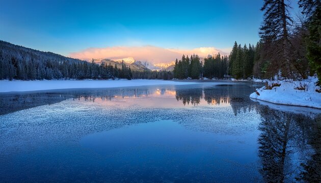 frozen lake reflects forest at dusk