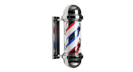 Isolated barber shop pole, traditional cylindrical sign with spirals of red, blue and white