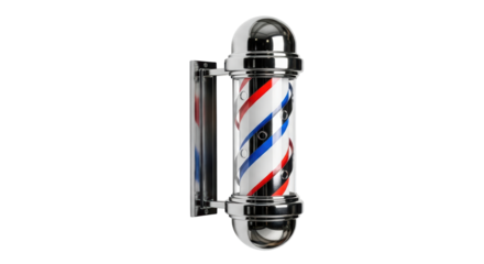 Isolated barber shop pole, traditional cylindrical sign with spirals of red, blue and white