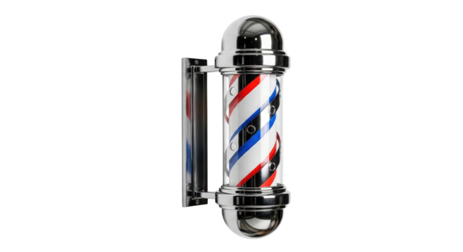 Isolated barber shop pole, traditional cylindrical sign with spirals of red, blue and white