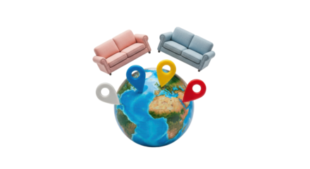 Isolated globe with map pointers and sofa furniture, global delivery and distribution
