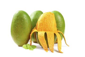 Fresh Green Mangoes with Peeled Golden Mango and Mint Leaf on White Background