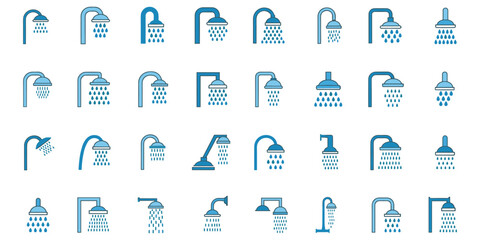 Assortment of Blue Shower Head Icons with Flowing Water Droplets on White Background bathroom