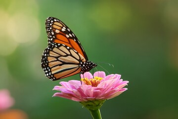 Fototapeta premium a Monarch butterfly rests delicately on a vibrant pink zinnia