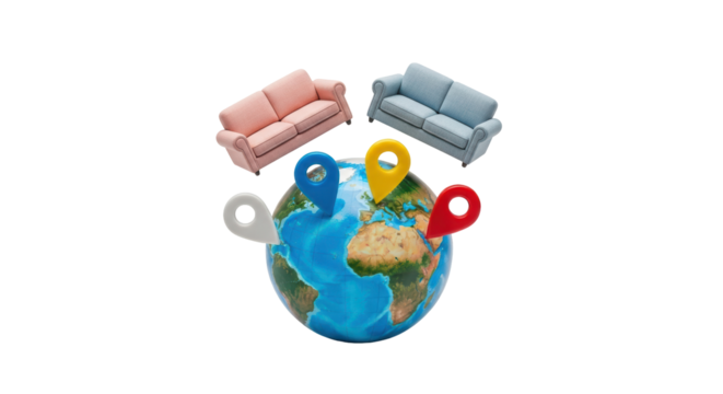 Isolated globe with map pointers and sofa furniture, global delivery and distribution