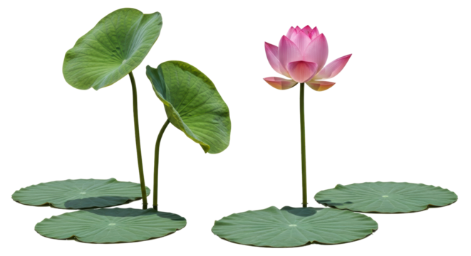 Isolated lotus flower with pads and leaves, aquatic plant in pond for garden decoration