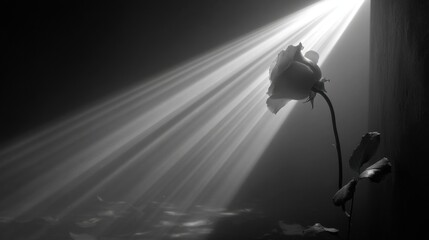 Elegant Black and White Rose Illuminated by Soft Light Rays