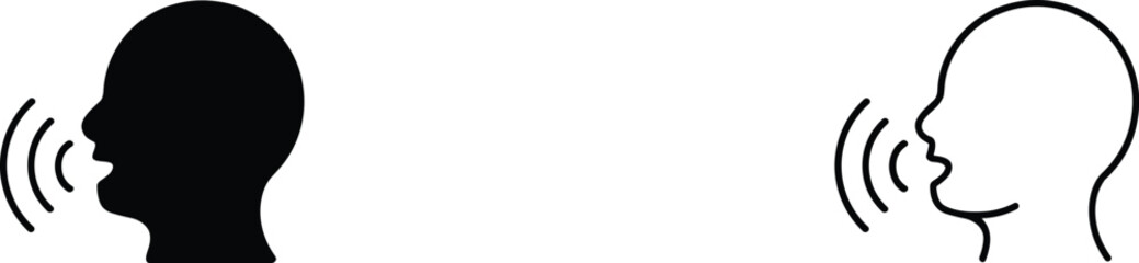 Black and White Icons of a Human Head Profile Speaking with Sound Waves talking voice