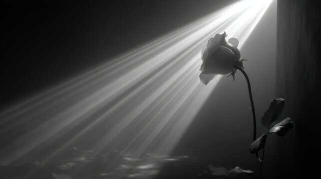 Elegant Black and White Rose Illuminated by Soft Light Rays - Powered by Adobe