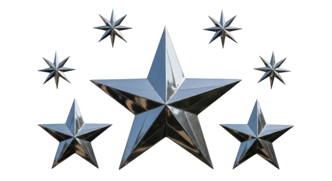 Isolated shiny metal stars, stellar shapes and forms, glittering, glistening, metallic reflections