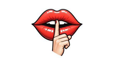 Isolated red lips with finger gesturing for silence, a request for secrecy or quietness