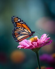 Fototapeta premium a Monarch butterfly rests delicately on a vibrant pink zinnia