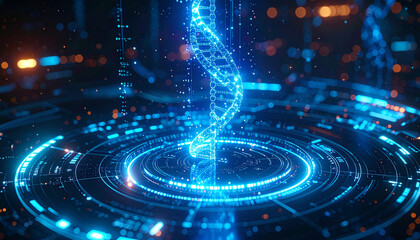 DNA Helix in Futuristic Design: A dazzling representation of the DNA helix, glowing with electric blue light, floats centrally within a futuristic technological interface.