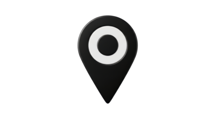 Isolated location pin indicating a marker place, black pointer symbol with white circle