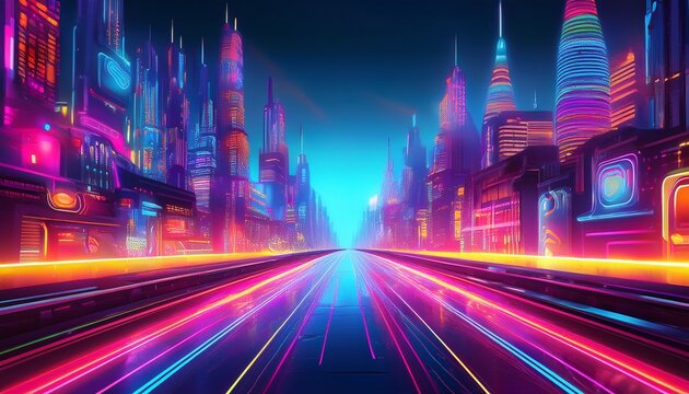 retro futuristic city with vibrant neon lights and motion trails - Powered by Adobe