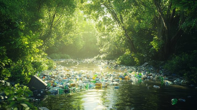 Pollution is evident in plastic waste in peaceful stream contrasting natures beauty with contamination. This imagery urges collective action for a cleaner, healthier environment for future generations