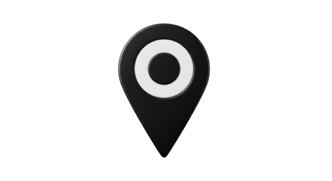 Isolated location pin indicating a marker place, black pointer symbol with white circle
