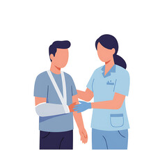 Fototapeta premium Caring nurse examining patient's arm in cast, healthcare professional, medical worker