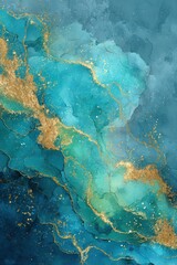 Abstract and ethereal artwork featuring flowing shades of teal and gold, reminiscent of watercolor textures