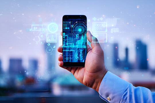 Hand holding phone displaying futuristic digital interface mobile technology